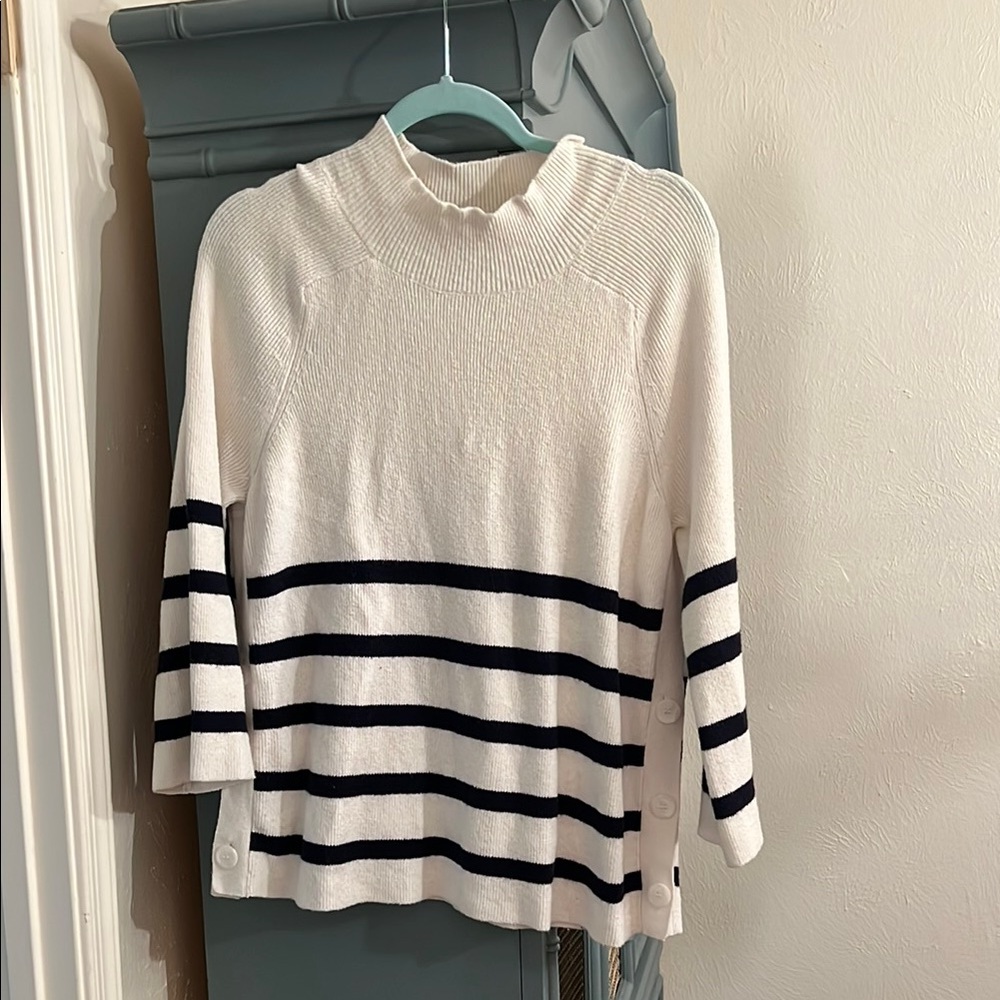 LOFT Ivory and Navy Striped Turtleneck Sweater